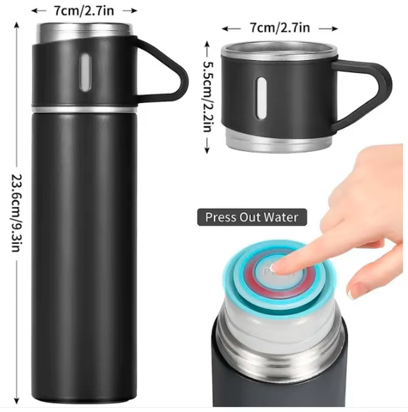 Garrafa Térmica 500Ml Com Xícara Café Chá a Vácuo Inox Com 3 Xícaras Vacuum Flask Set 500Ml Várias Cores Embalagem Presente